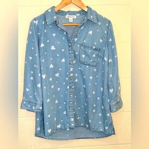 Coldwater Creek Chambray 3/4 Sleeve White Hearts Size Small Valentine’s Day